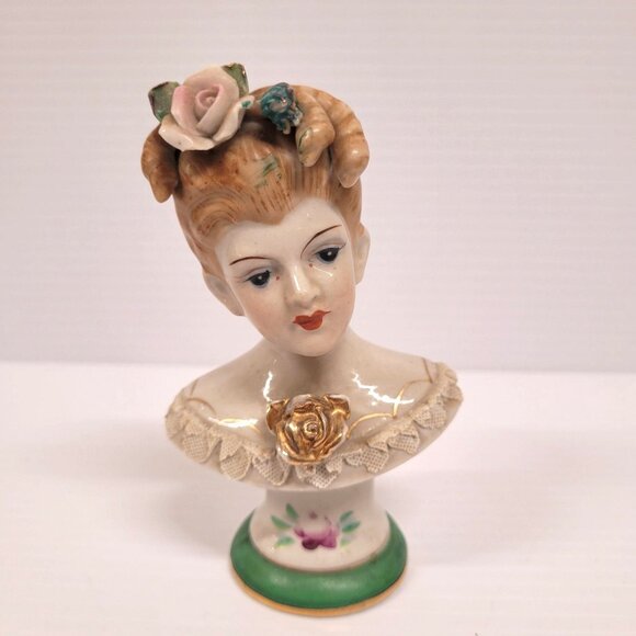 Womens Bust Occupied Japan Porcelain Vintage 1940s Gold Rose Lace No Chips Crack - Picture 1 of 9